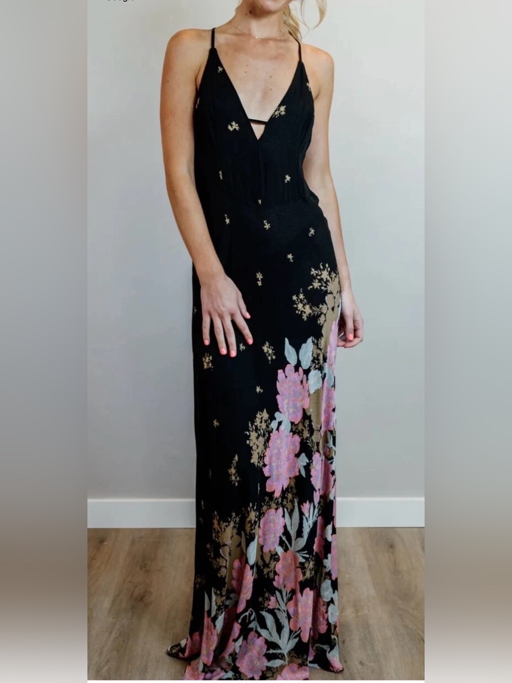 Free People Black Maxi Dress with Pink & Gold Floral Print